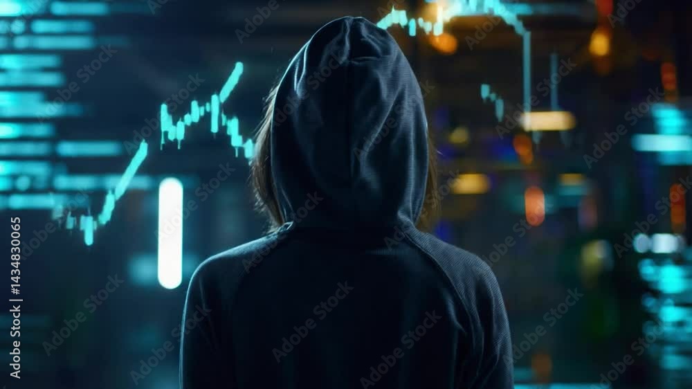 Aufkleber mysterious analyst: silhouette of an individual donning a hooded attire and analyzing a high-tech di
