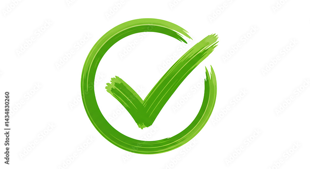 Poster a green check mark inside a circle painted with a brush on a black background in the center of frame
