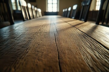 Aged wooden table in a large room