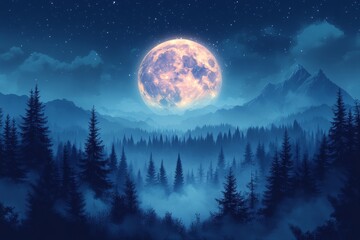 Full moon over misty mountain forest at night