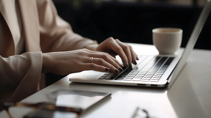 A person's hands typing on a laptop keyboard with a cup of coffee on a table.