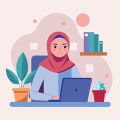 Hijab Woman Working on Laptop - Flat Vector Illustration