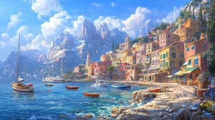 Serene Coastal Town with Colorful Buildings, Boats, and Majestic Mountains Under a Bright Blue Sky