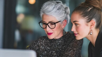 Collaboration and mentorship: Two businesswomen, one older with gray hair and glasses, and one younger, attentively review documents on a laptop. - Powered by Adobe