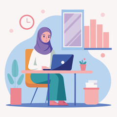 Hijab Woman Working on Laptop - Flat Vector Illustration