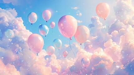 Fototapeta premium A serene sky filled with pastel-colored balloons drifting among fluffy clouds, creating a whimsical atmosphere, perfect for celebrations or dreamy backgrounds in creative projects