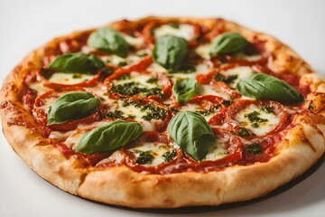 Delicious Garnished Margherita Pizza with Fresh Basil and Crispy Crust