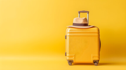 Obraz premium A yellow suitcase with a hat on top, sitting on a yellow background with a yellow hat on top of it.