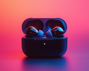 Stylish wireless earbuds in a sleek charging case against a vibrant gradient background