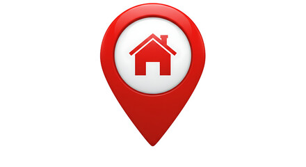 A red map pin with a white circle and a red house icon on a black background location indicator