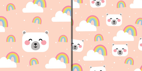 Card and seamless pattern of white teddy bears, white clouds and rainbow, pink background cute wallpaper for gift wrapping paper, textile, colorful for kids, flat style