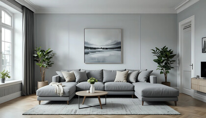 Scandi living room interior with grey, big sofa in the center and modern picture on the wall