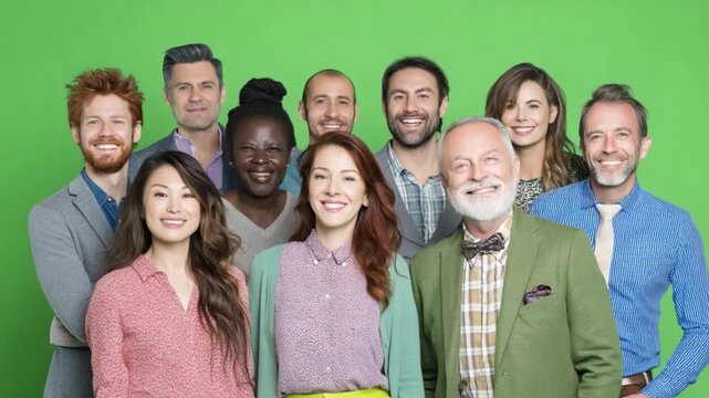Inclusive Team Portrait: A vibrant group of individuals from diverse backgrounds stand shoulder-to-shoulder against a vivid green backdrop, embodying the spirit of togetherness and collaboration.