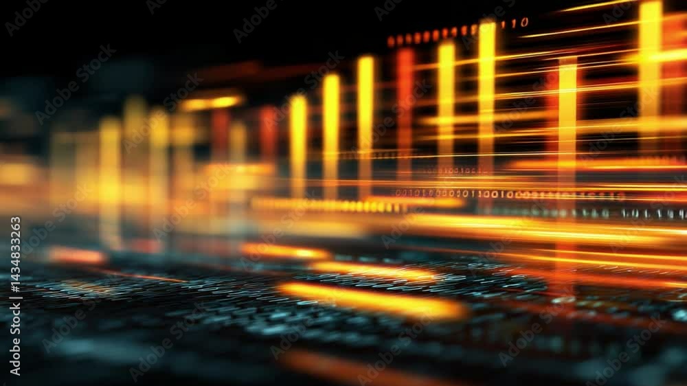 Poster vibrant data stream: digital abstract of glowing lights, representing data flow in the digital age.