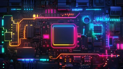 Fototapeta premium A vibrant and intricate close-up of a futuristic circuit board showcasing colorful neon pathways and a central processor, symbolizing advanced technology and innovation in digital environments