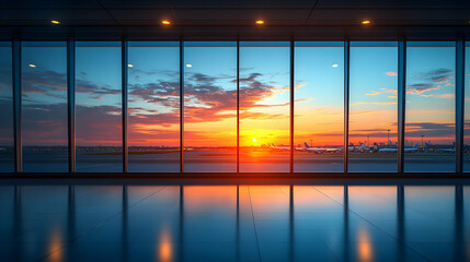 Stunning sunset view from an airport terminal, showcasing airplanes on the tarmac. Perfect for travel, transportation, or aviation themes.