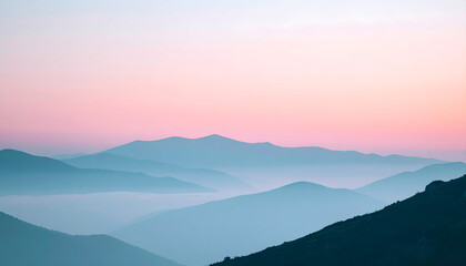 Serene Pastel Sunrise Over Misty Mountain Ranges Tranquil Landscape Photography