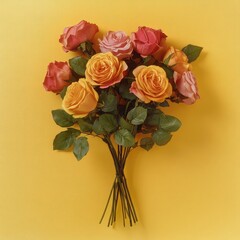 A vibrant bouquet of assorted roses in shades of pink, orange, and yellow, arranged elegantly against a bright yellow background, perfect for decoration or gifting