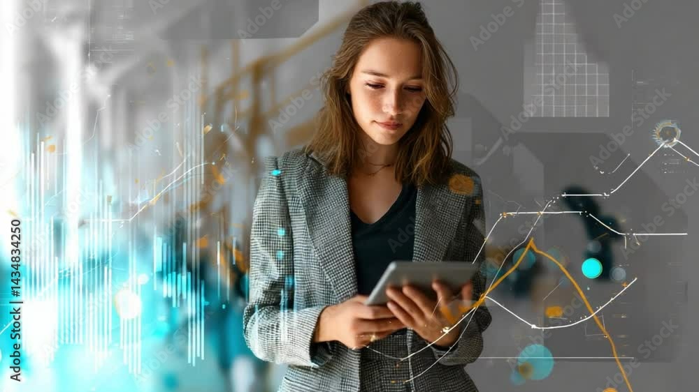 Poster analyzing data: a woman immersed in data analysis, surrounded by dynamic data visualizations, repres