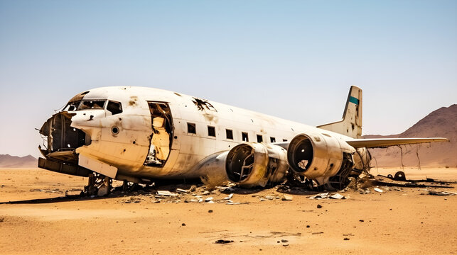 An old, rusted airplane in the desert, with its wings and tail missing, and its body partially exposed.
