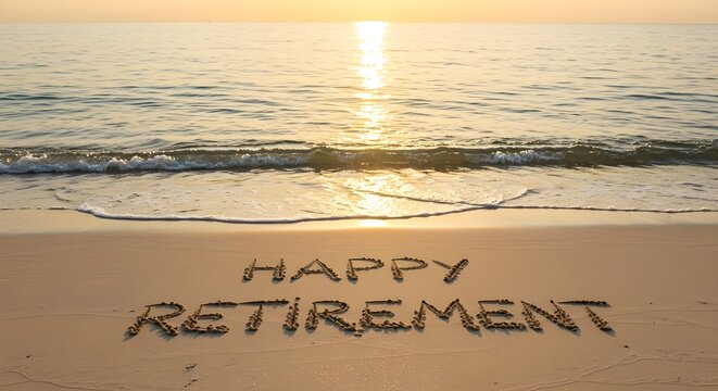 Happy retirement message etched in sand on scenic ocean beach, welcoming new life adventures. Celebrate relaxing vacation. Seaside scene, sunny day with calm waves, joy, freedom, positive emotions