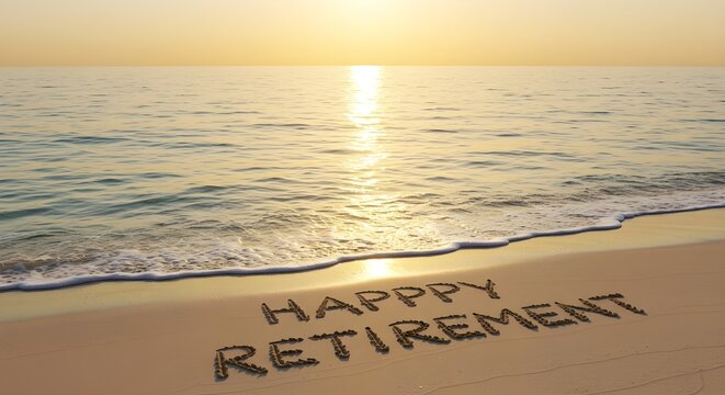 Happy retirement message etched in sand on scenic ocean beach, welcoming new life adventures. Celebrate relaxing vacation. Seaside scene, sunny day with calm waves, joy, freedom, positive emotions