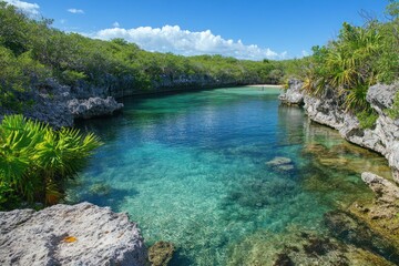 A crystal-clear cenote nestled within lush tropical foliage.