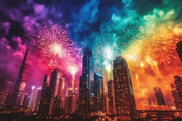 Obraz premium A vibrant fireworks display illuminates a bustling city skyline at night, showcasing towering skyscrapers against a colorful backdrop of smoke and lights, perfect for celebrations