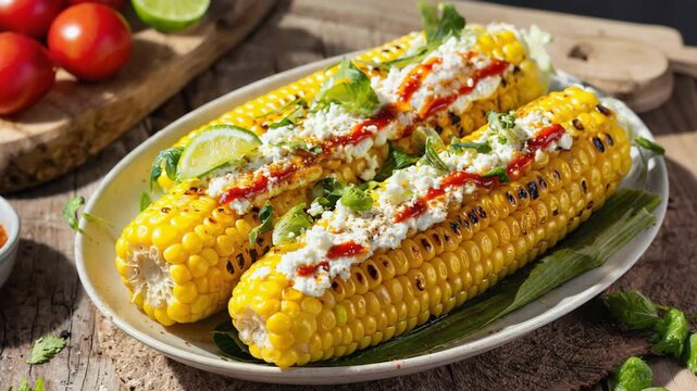 Mexican corn (Elote), close-up of corn on the cob with cheese, spices, and lime, summer BBQ setting, natural sunlight, bright and playful mood
