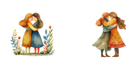 women hugging watercolor vector illustration