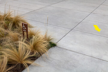 Urban landscape with ornamental grasses, sidewalk, and directional arrow