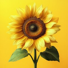 Naklejka premium A vibrant sunflower stands tall against a bright yellow background, showcasing its intricate petals and seeds, symbolizing positivity and warmth, ideal for cheerful designs
