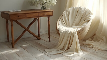 Serene living room scene featuring a beige draped chair, wooden console table, and delicate flowers, bathed in soft sunlight.