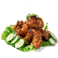 A plate of chicken with cucumbers and lettuce