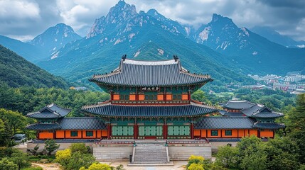 Fototapeta premium Majestic temple complex nestled amidst a lush valley and dramatic mountains.