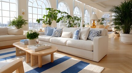 Fototapeta premium Luxurious Beach House Living Room Interior Design with White Sofa and Blue Decor