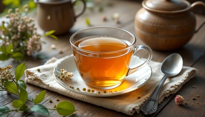 Warm Cup of Tea on Wooden Table with Flowers Tranquil Tea Time Scene