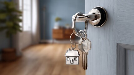 House keys in a light blue door