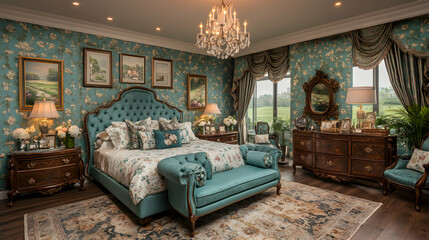 Luxurious teal bedroom interior with antique furniture, floral wallpaper, and elegant decor.  Perfect for magazines, home design websites, and real estate listings.