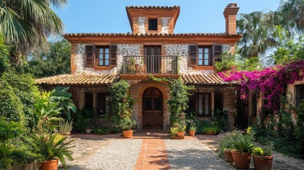 Fototapeta premium Charming, stone estate home with a courtyard garden.