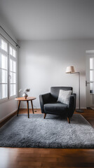 ナチュラルでシンプルなモダンインテリアの空間構成｜白いソファと観葉植物、木製家具が調和する癒しのリビング空間を描いた水彩風インテリアイラスト。スマートフォン9:16のアスペクト比