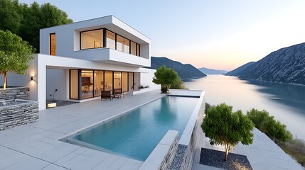 Fototapeta premium Modern Minimalist Villa with Infinity Pool Stunning Sea View at Sunset