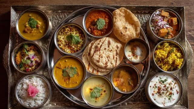 Top-down capture of diverse Indian thali plates on a traditional metal tray