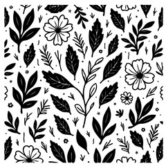 Monochromatic botanical pattern with diverse floral and leaf motifs illustration