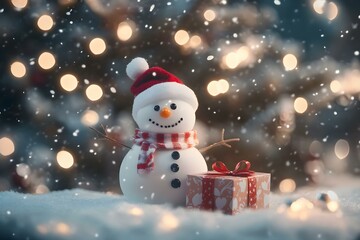 Obraz premium Festive Christmas Winter Background with Funny Snowman and Cheerful Decorations