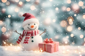 Festive Christmas Winter Background with Funny Snowman and Cheerful Decorations