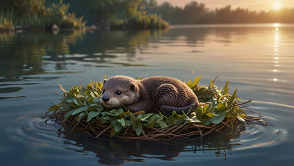 Sweet 3D Otter Pup Resting in a Natural Leaf Nest

