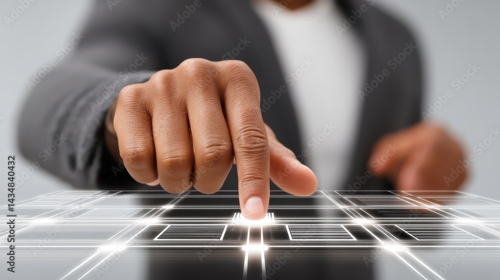Poster interactive digital interface, person navigating a modern touchscreen display