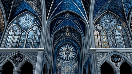 Gothic Cathedral Interior Blue Gold Stained Glass Windows Ornate Architecture