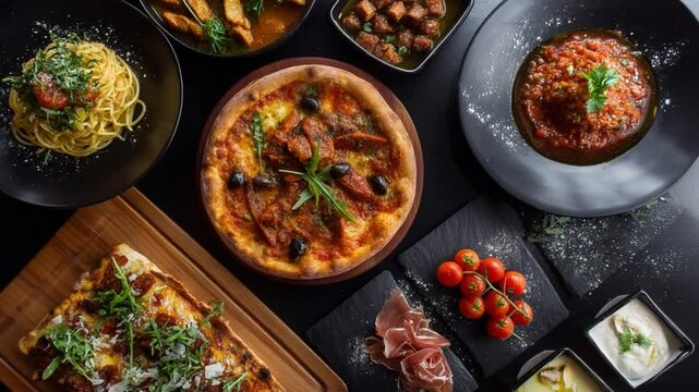 Culinary Array of Gourmet Delight: An artful overhead composition showcases an enticing medley of Italian culinary creations, set against a backdrop of elegant dark plates.